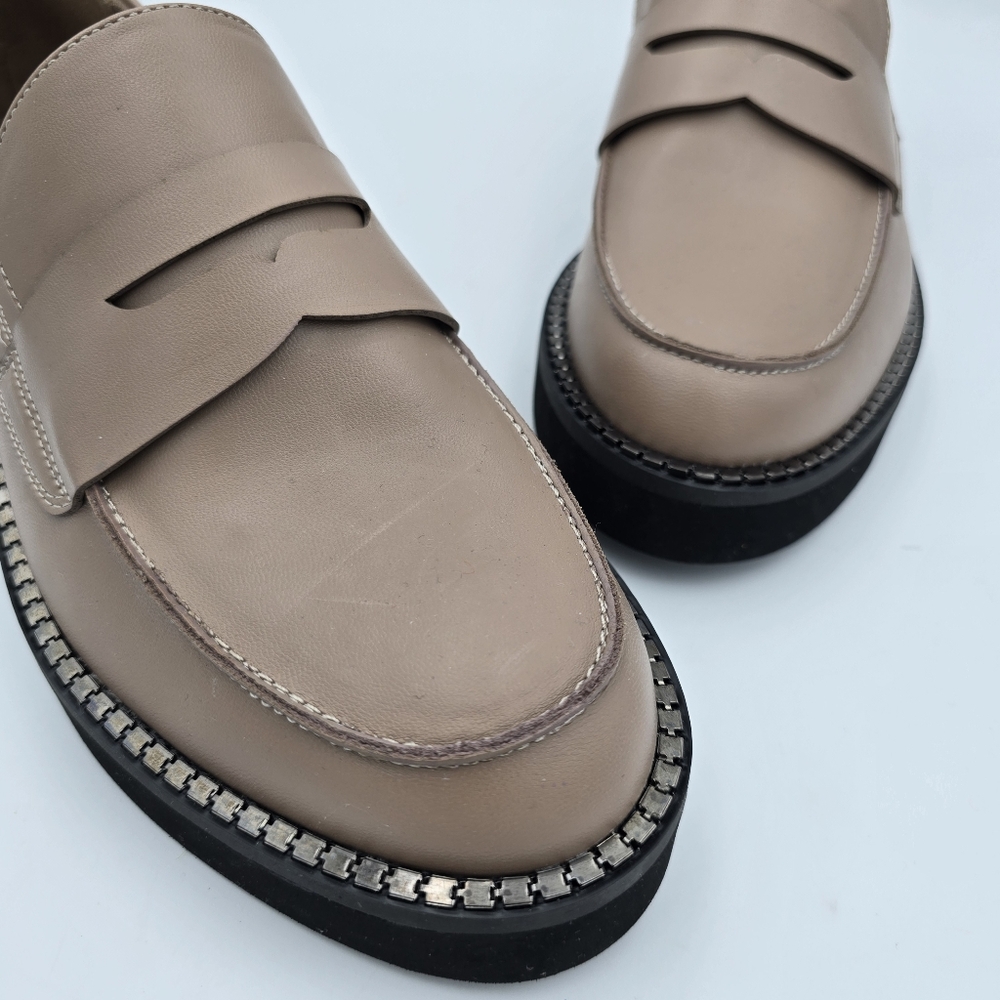 BCBGeneration Taupe Leather Loafers with Chain-Trim Sole - Picture 2 of 16